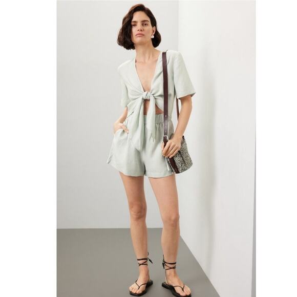 Thakoon Collective Women's Mint Tie Waist Cap Sleeves Plunge Neck Romper Size 10 - Picture 1 of 12